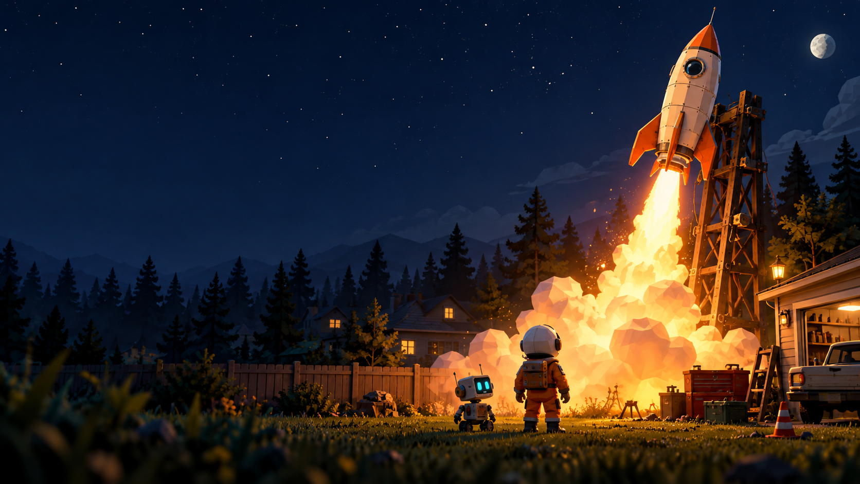 Promotional concept of a homemade rocket at a backyard launchpad